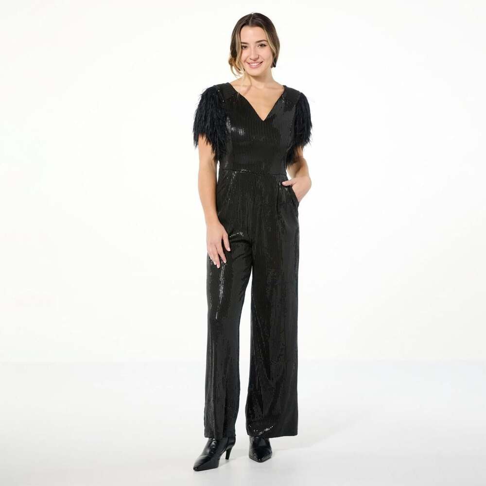 Curations x Nicole Hickl Black Sequin Faux Feather Jumpsuit Size XL